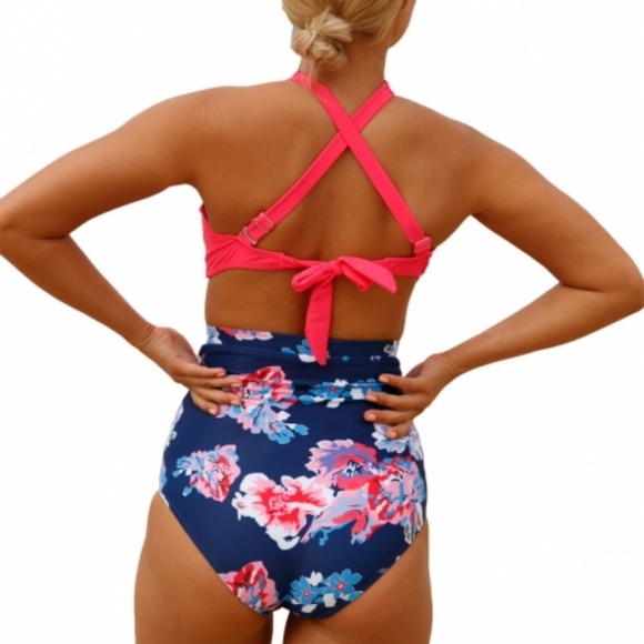 Pink Cross Front Bikini Vintage Floral High Wai - Picture 3 of 5